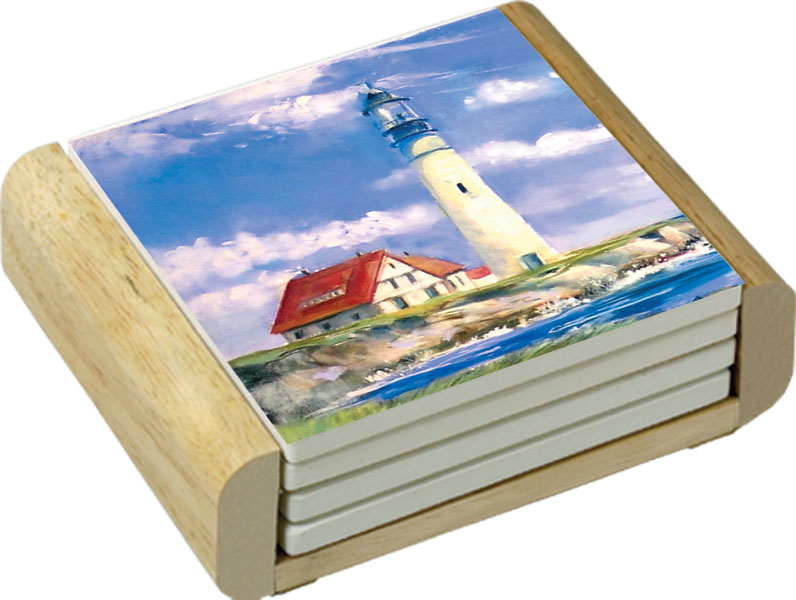 4 Coastal Nautical Lighthouse Stone Coasters w/holder