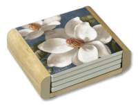 Magnolias on Blue Floral 4 Stone Coasters w/Holder