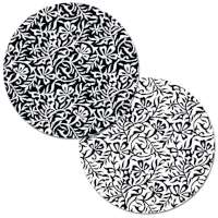 * - 4 Black-White Woodblock Reversible Round Plastic Placemats * - 4 Black-White Woodblock Reversible Round Plastic Placemats