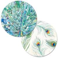 * 4 Reversible Round Plastic Placemats Teal Blue Peacock Garden