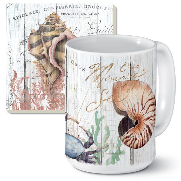 ! 2-pc Ceramic Microwave Safe Mugs Coastal Shoreline Shells ! 2-pc Ceramic Microwave Safe Mugs Coastal Shoreline Shells