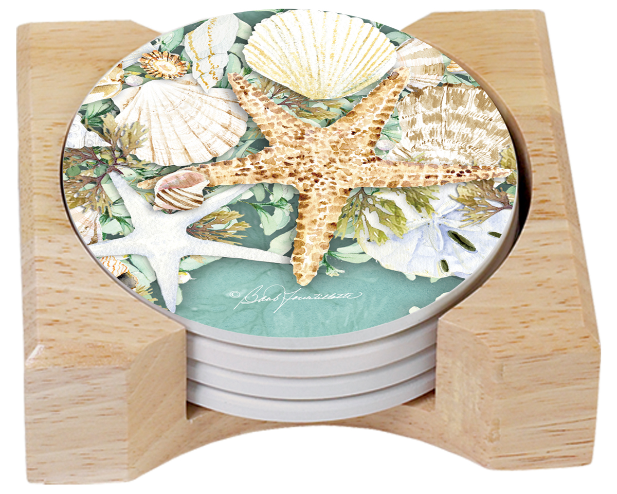 Coastal Wreath Seashell 4 Stone Coasters and Wood Holder Coastal Wreath Seashell 4 Stone Coasters and Wood Holder