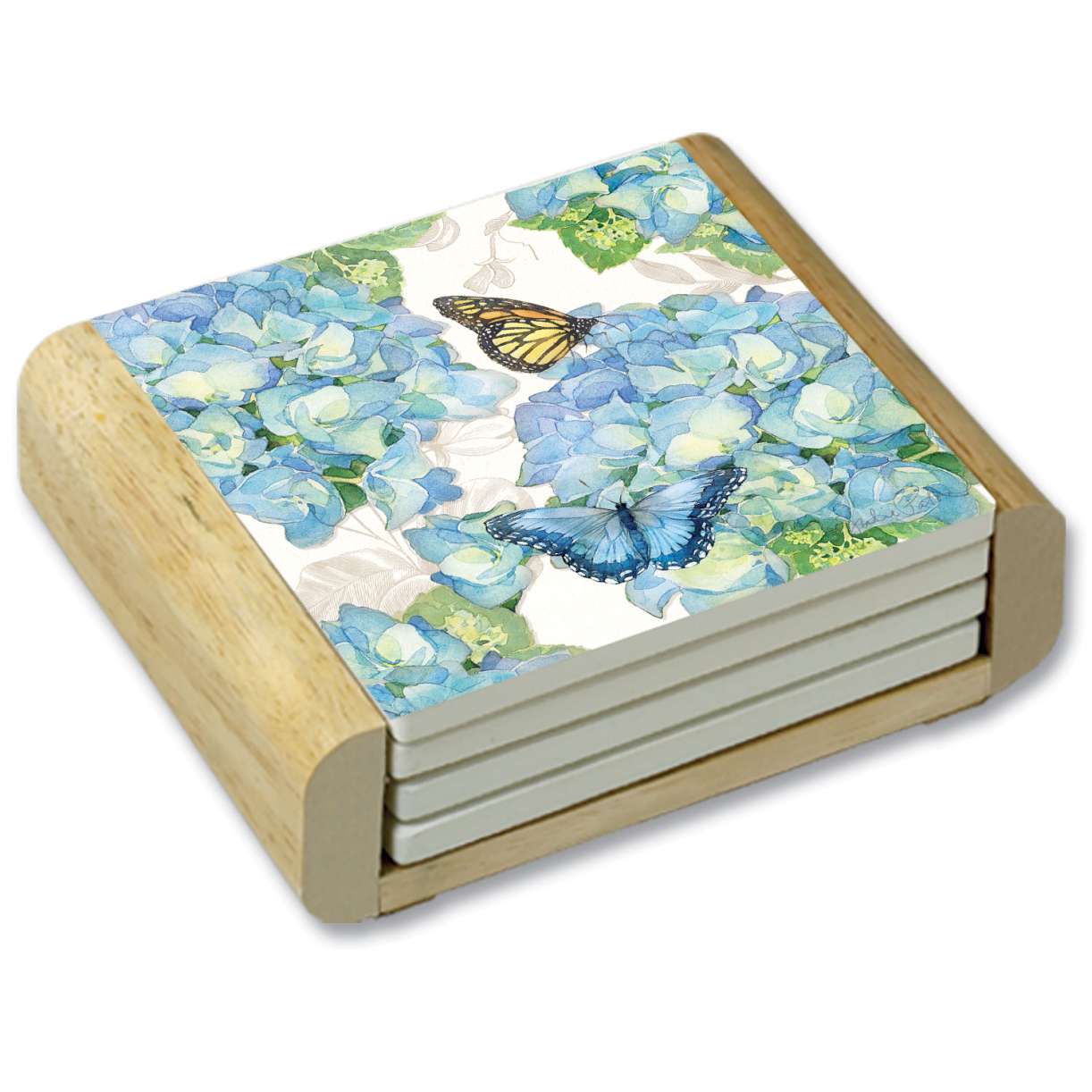 * - 4 Cork-Back Stone Coasters in Holder Butterfly Hydrangea * - 4 Cork-Back Stone Coasters in Holder Butterfly Hydrangea