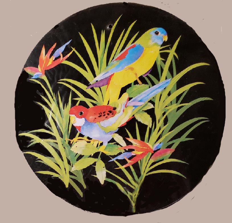 * 4-pc Round Metal Bird Stove Burner Covers Tropical Parrots * 4-pc Round Metal Bird Stove Burner Covers Tropical Parrots