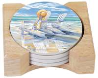 Beach days Coastal  4 Stone Coasters and Wood Holder