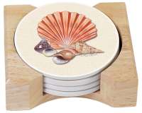 Beach Treasures Coastal Seashell 4 Stone Coasters in Wood Holder