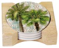 Aqua Escape Tropical Palm Tree 4 Stone Coasters and Wood Holder