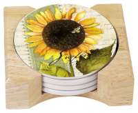 * 4 Sunflowers in Bloom Cork on Stone Coasters w/Holder