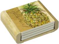 ~4 Pineapple Tropical Stone Coasters and Wood Holder