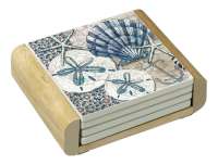 ! Tide Pool Beach Coastal Seashell 4 Stone Coasters-Wood Holder ! Tide Pool Beach Coastal Seashell 4 Stone Coasters-Wood Holder