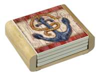 Sea Anchor Nautical Coastal 4 Stone Coasters-Wood Holder Sea Anchor Nautical Coastal 4 Stone Coasters-Wood Holder