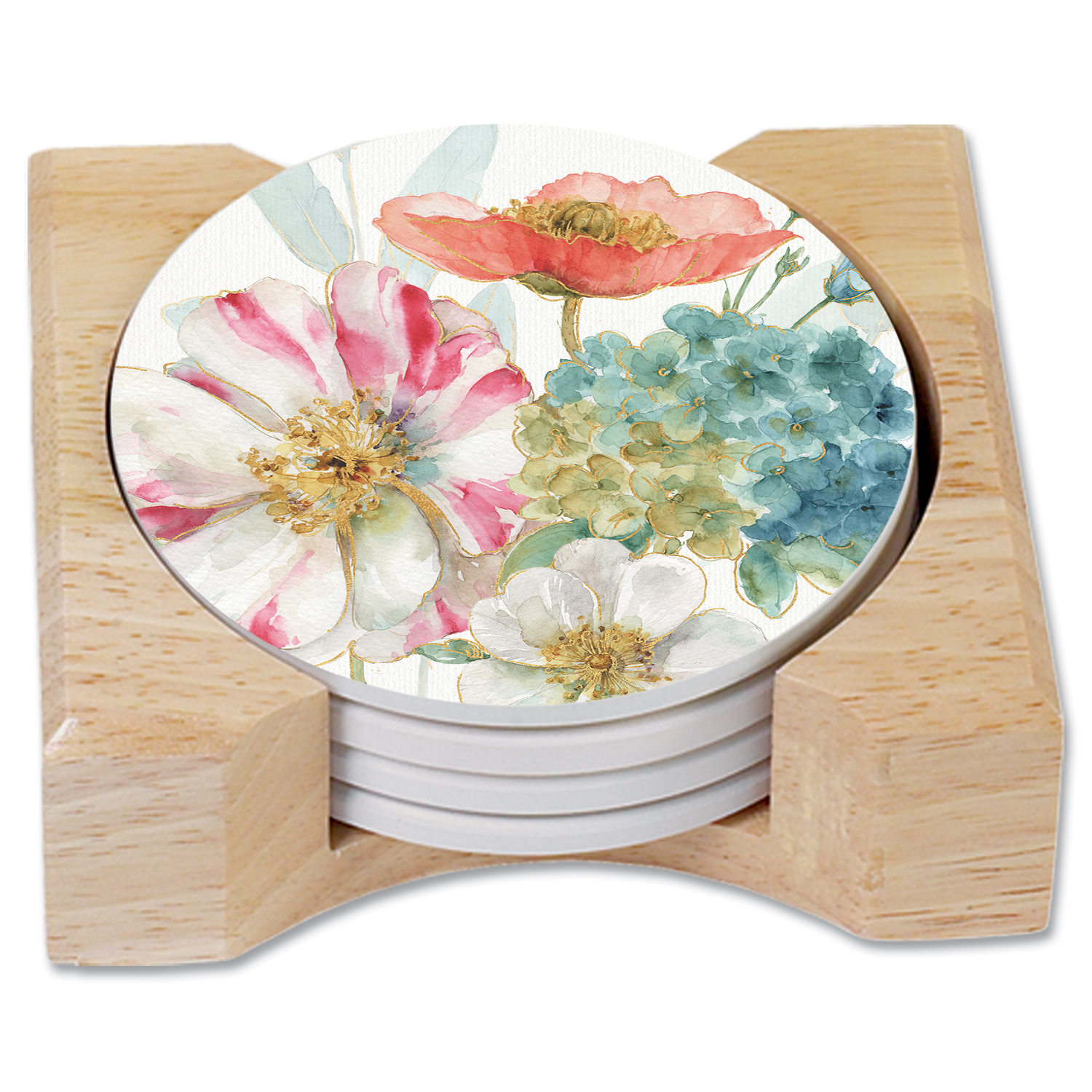 4 Floral Stone Coasters w/Holder Rainbow Seeds 4 Floral Stone Coasters w/Holder Rainbow Seeds
