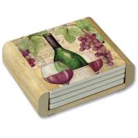* 4 Cork-Backed Stone Coasters w/Holder Wine Country * 4 Cork-Backed Stone Coasters w/Holder Wine Country