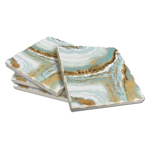 * - 4 Cork-back Stone Coasters-w-Wood Holder Marble Teal Agate * - 4 Cork-back Stone Coasters-w-Wood Holder Marble Teal Agate