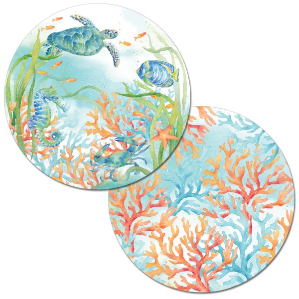 ! 4 Reversible Round Placemats Beach Sea Life Serenade