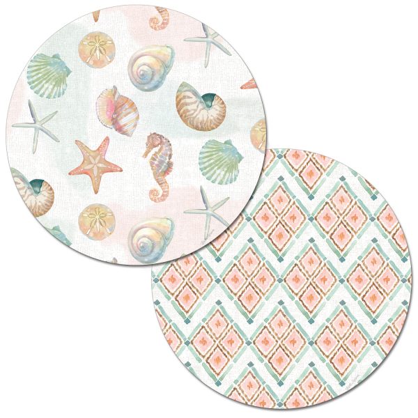 ! 4 Reversible Round Placemats Beach Shells Watercolor Coast ! 4 Reversible Round Placemats Beach Shells Watercolor Coast
