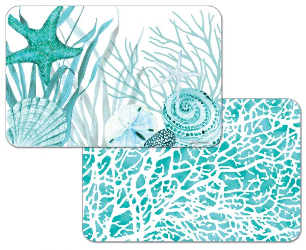* - 4 Rectangular Plastic Placemats Aqua Teal Blue Coral Life * - 4 Rectangular Plastic Placemats Aqua Teal Blue Coral Life