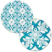 * 4 Reversible Round Plastic Placemats Teal Blue Mosaic