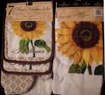 * 7pc Sunflower Brown Edge Kitchen Towel & Mitt Set